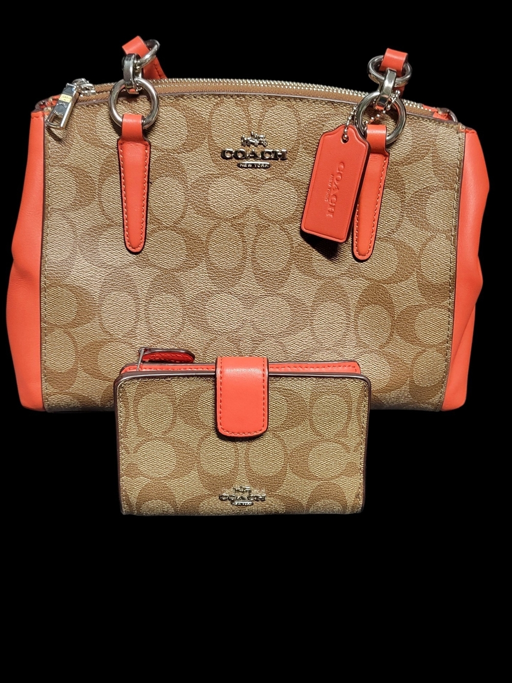 Coach Tan Signature Canvas Satchel and Wallet with Orange Trim